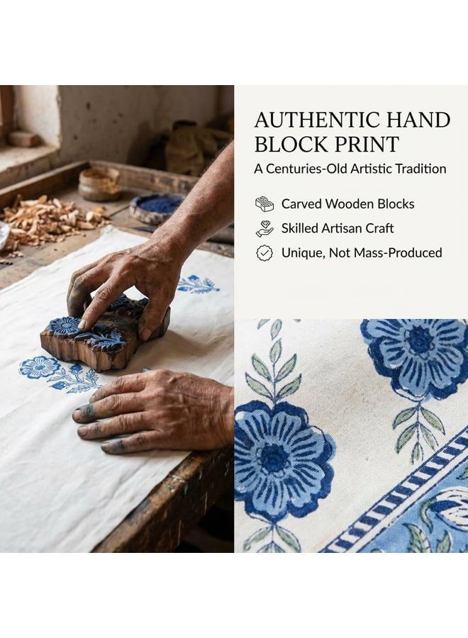 NIRVELLA Rectangle Table Cloth - Cotton Linen Block Print Tablecloth - 60x108 Inch 8 Seater - Fall Decor Indoor Outdoor Picnic Party Thanksgiving Christmas - Blue Dutch Delft Blossoms (Blue Green) - Image 3
