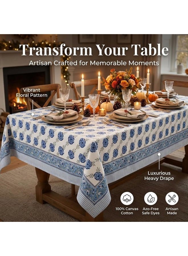 NIRVELLA Rectangle Table Cloth - Cotton Linen Block Print Tablecloth - 60x108 Inch 8 Seater - Fall Decor Indoor Outdoor Picnic Party Thanksgiving Christmas - Blue Dutch Delft Blossoms (Blue Green) - Image 4