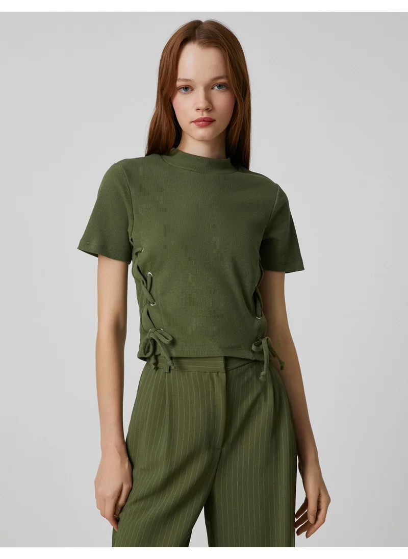 كوتن Short Sleeve T-Shirt High Collar Side Tie Detail