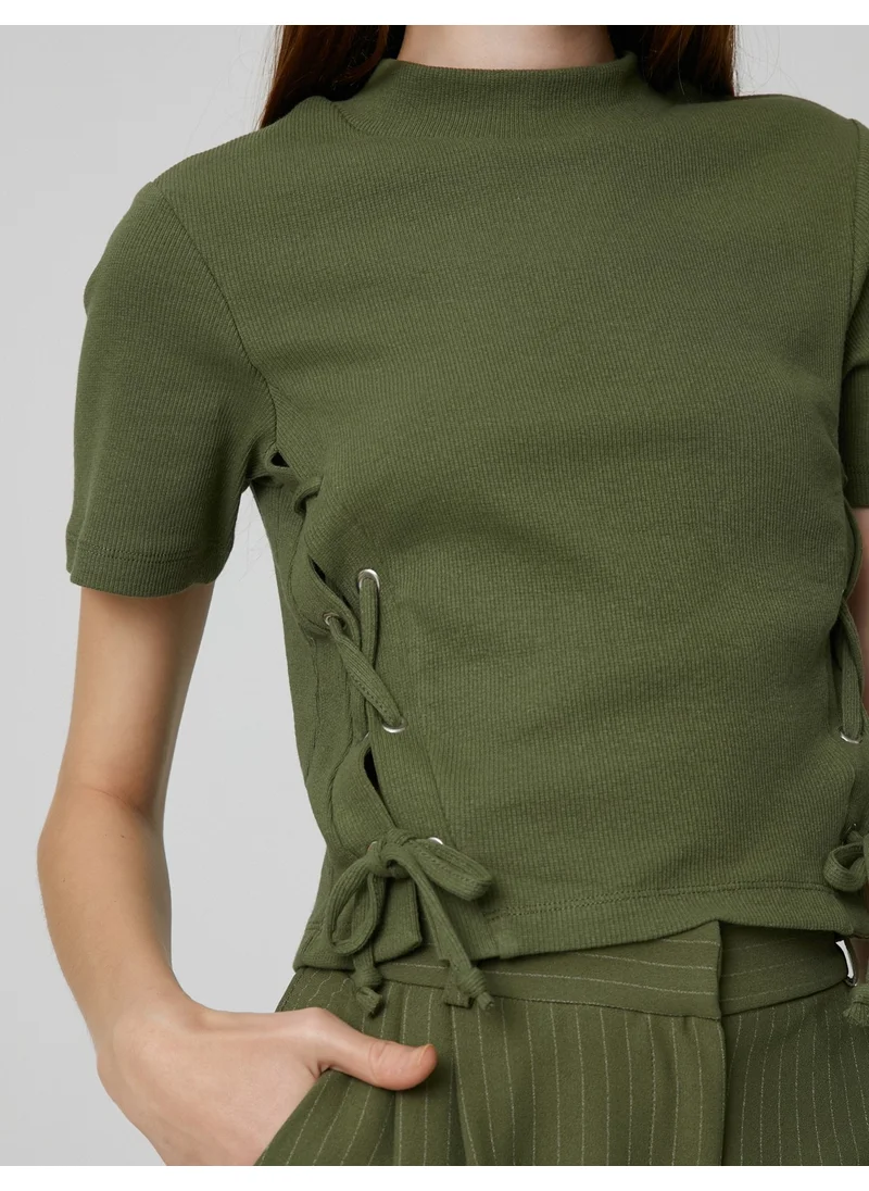 كوتن Short Sleeve T-Shirt High Collar Side Tie Detail
