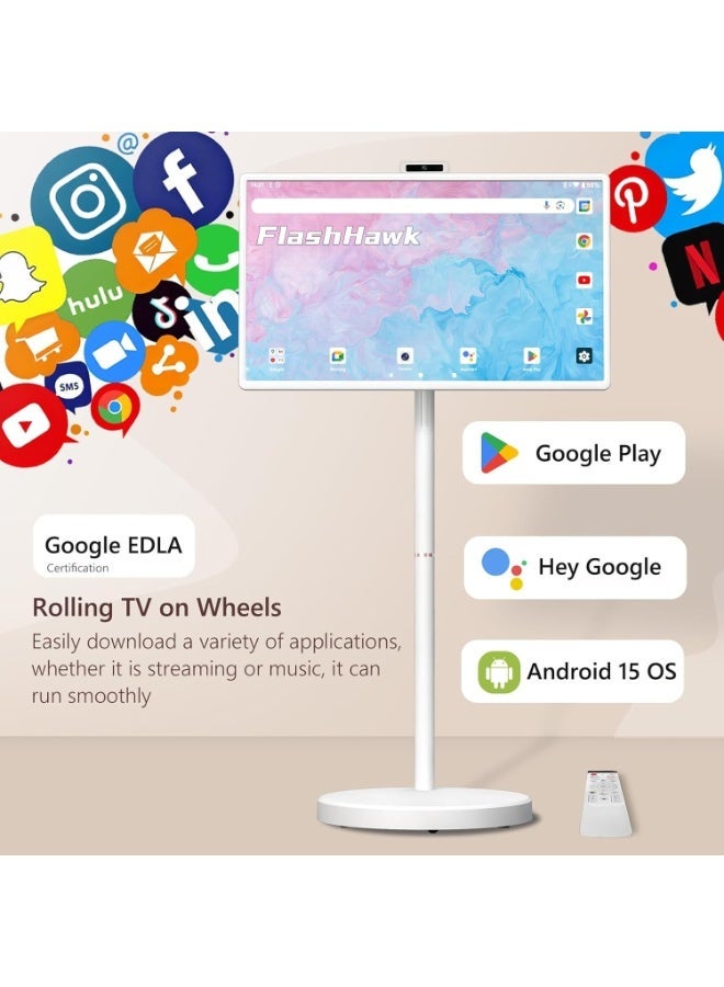 FlashHawk 32 Inch Portable Monitor TV - Smart Touch Screen, Adjustable Rolling Tablet, Latest Android 15 OS | 8G RAM + 128G ROM | Build-in Camera | Battery Powered 4-6 Hours | Google Voice Remote - Image 4