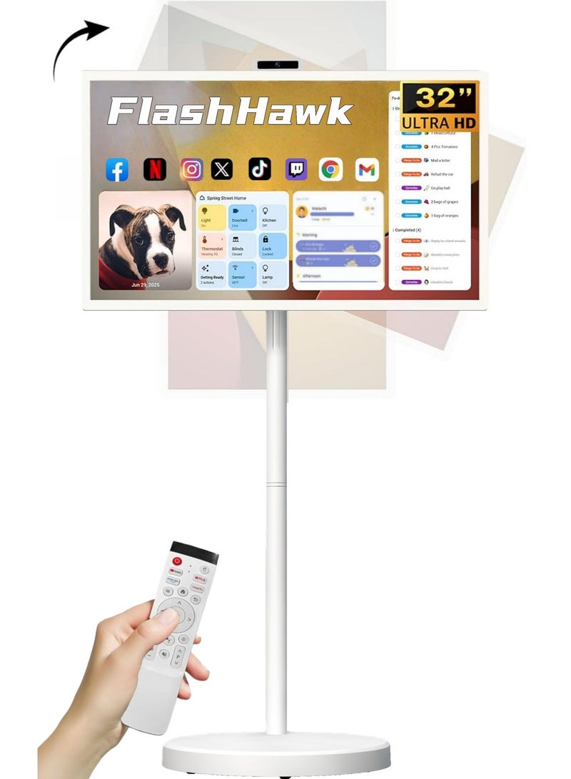 FlashHawk 32 Inch Portable Monitor TV - Smart Touch Screen, Adjustable Rolling Tablet, Latest Android 15 OS | 8G RAM + 128G ROM | Build-in Camera | Battery Powered 4-6 Hours | Google Voice Remote - Image 1