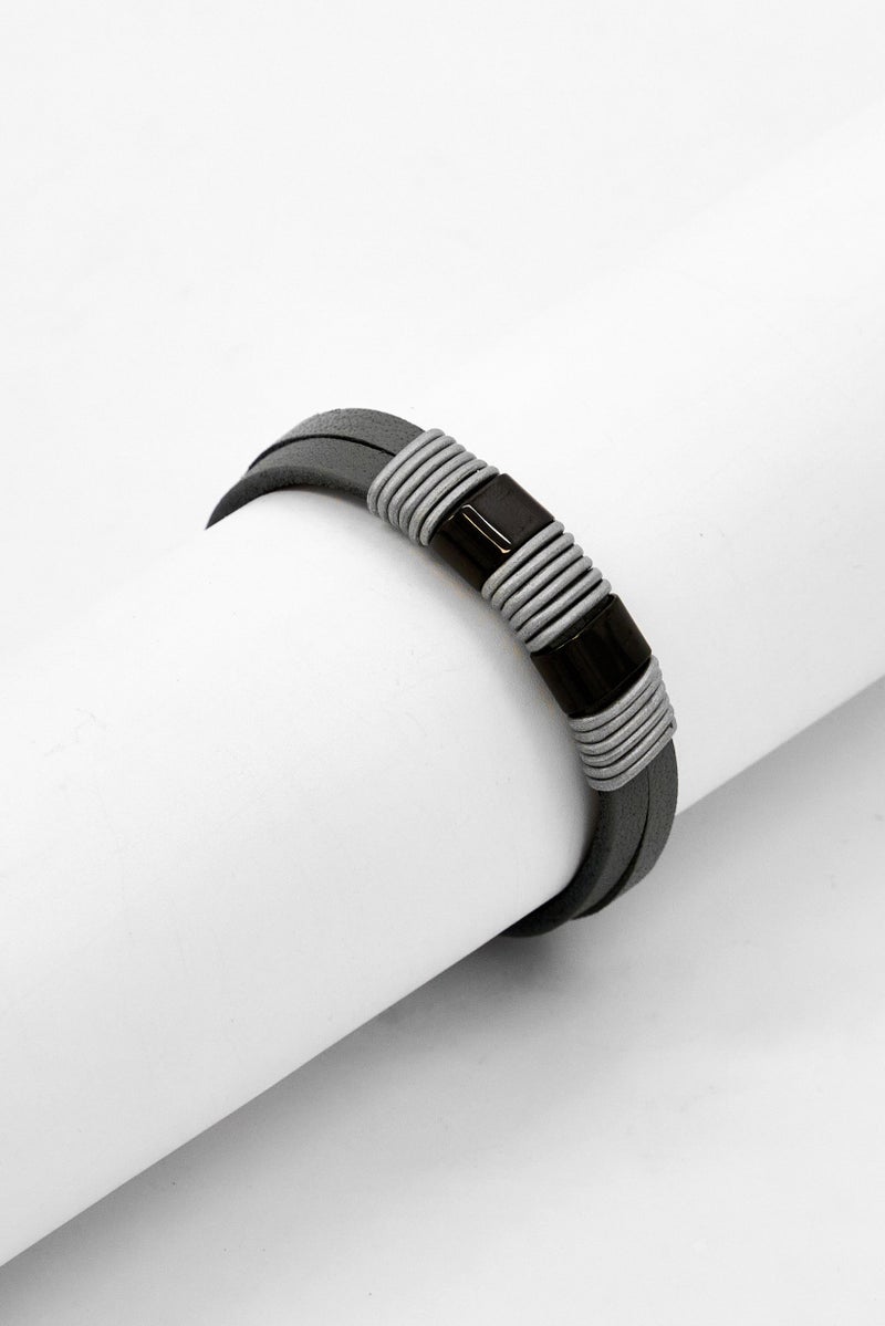 Steeltime Men Stainless Steel Accents Leather Bracelet, Grey - Image 1