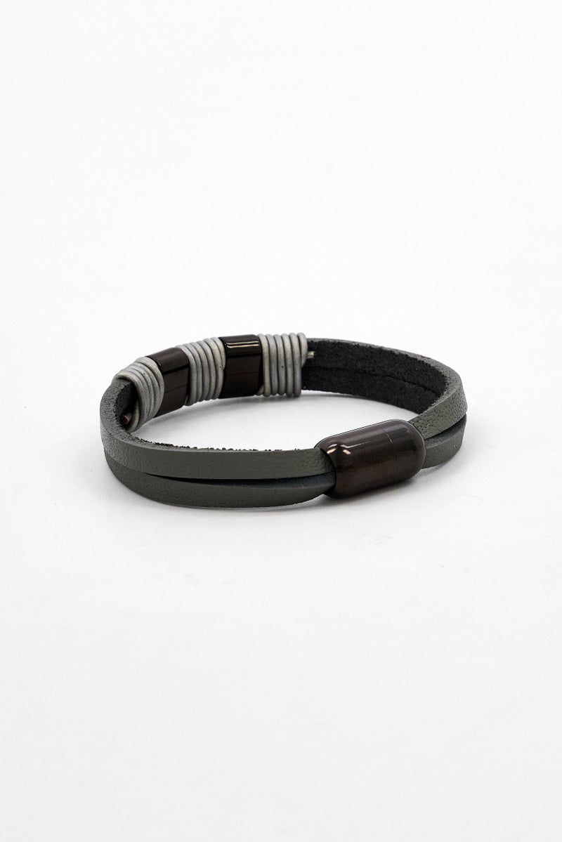Steeltime Men Stainless Steel Accents Leather Bracelet, Grey - Image 3