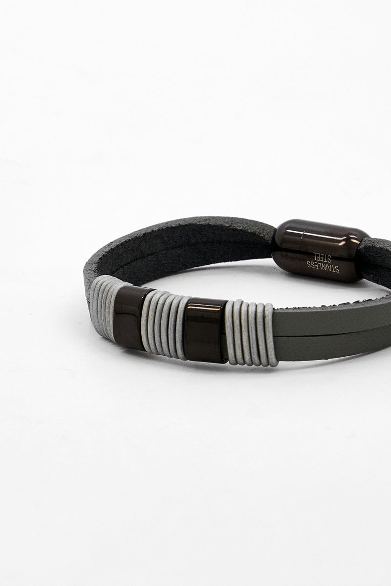 Steeltime Men Stainless Steel Accents Leather Bracelet, Grey - Image 2