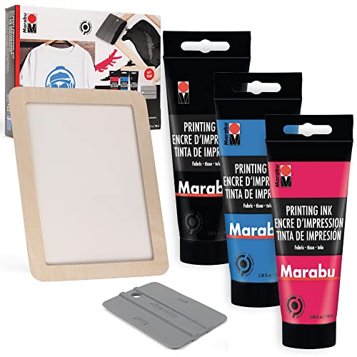 Marabu Screen Printing Kit Set - Screen Print Kit with Reusable Wooden Frame, 1 Screen Printing Squeegee, and 3 x 100ml Ink - Silk Screen Printing Kit for Beginners - Image 1