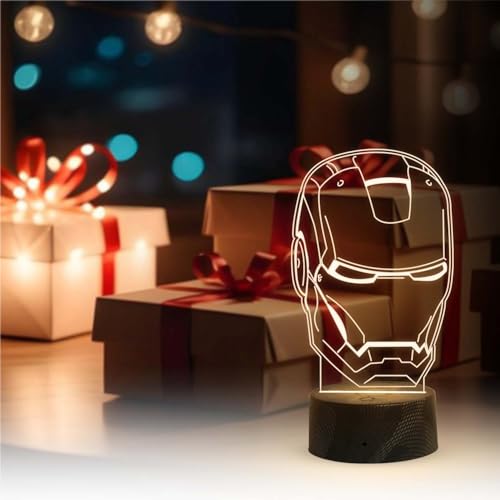 GIFTMEBAZAR مصباح LED أكريليك بتصميم إيرون مان 987 ثلاثي الأبعاد من جفت مي بازار مع ضوء أبيض دافئ وزر لمسة للتشغيل/الإيقاف | كابل USB | مصباح ليلي لأفنجرز لتزيين المنزل وغرفة الأطفال - Image 3
