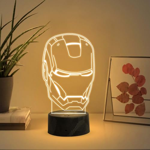 GIFTMEBAZAR مصباح LED أكريليك بتصميم إيرون مان 987 ثلاثي الأبعاد من جفت مي بازار مع ضوء أبيض دافئ وزر لمسة للتشغيل/الإيقاف | كابل USB | مصباح ليلي لأفنجرز لتزيين المنزل وغرفة الأطفال - Image 1
