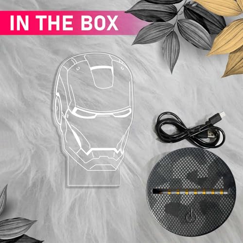 GIFTMEBAZAR مصباح LED أكريليك بتصميم إيرون مان 987 ثلاثي الأبعاد من جفت مي بازار مع ضوء أبيض دافئ وزر لمسة للتشغيل/الإيقاف | كابل USB | مصباح ليلي لأفنجرز لتزيين المنزل وغرفة الأطفال - Image 4