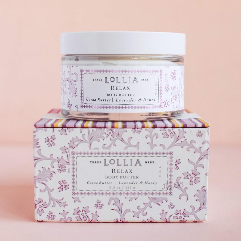 Lollia زبدة الجسم للاسترخاء من لوليا، 5.5 أونصة - عطر اللافندر والعسل - زبدة الشيا وزبدة الكاكاو، لوشن للجسم للنساء، مرطب للجسم مرطب وناعم - Image 2