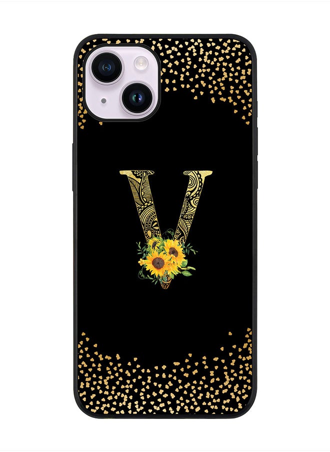 Stylizedd Rugged Black edge case for Apple iPhone 14 Plus, Soft Flexible Phone case Custom Monogram Initial Letter Mandala Floral Pattern Alphabet- V (Black)  - Image 1
