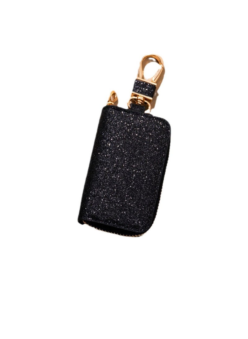 Car keychain leather car keychain crystal universal key bag keychain with metal hook black glitter large size - Image 1