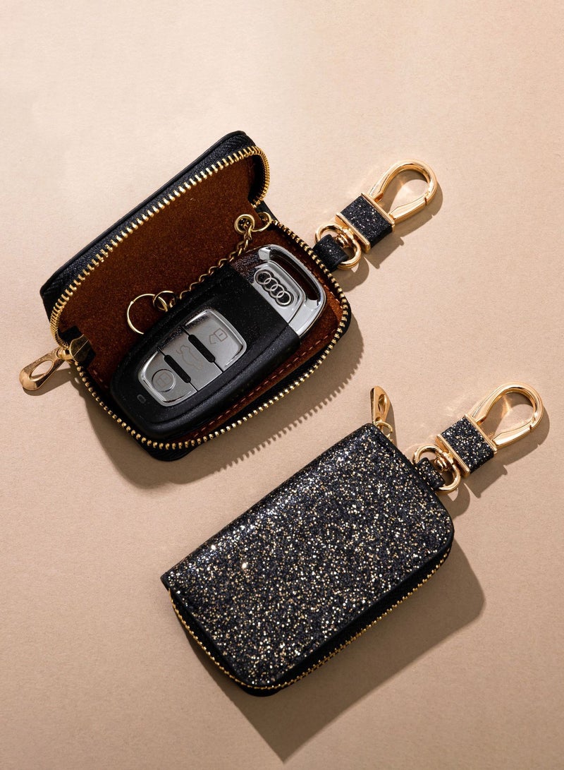 Car keychain leather car keychain crystal universal key bag keychain with metal hook black glitter large size - Image 2