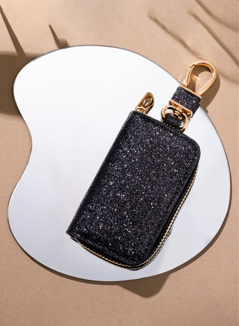 Car keychain leather car keychain crystal universal key bag keychain with metal hook black glitter large size - Image 3