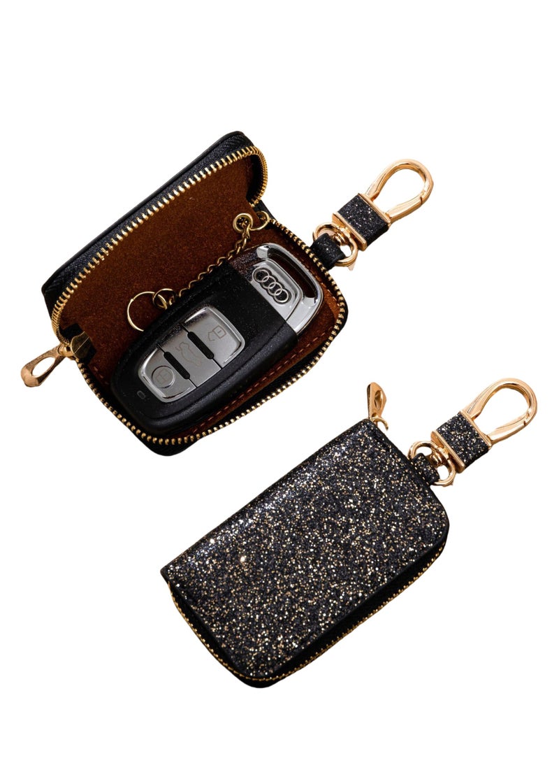 Car keychain leather car keychain crystal universal key bag keychain with metal hook black glitter large size - Image 4