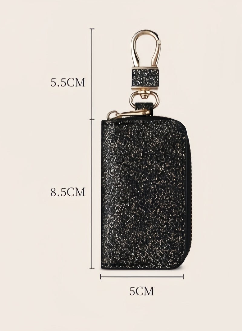 Car keychain leather car keychain crystal universal key bag keychain with metal hook black glitter large size - Image 5