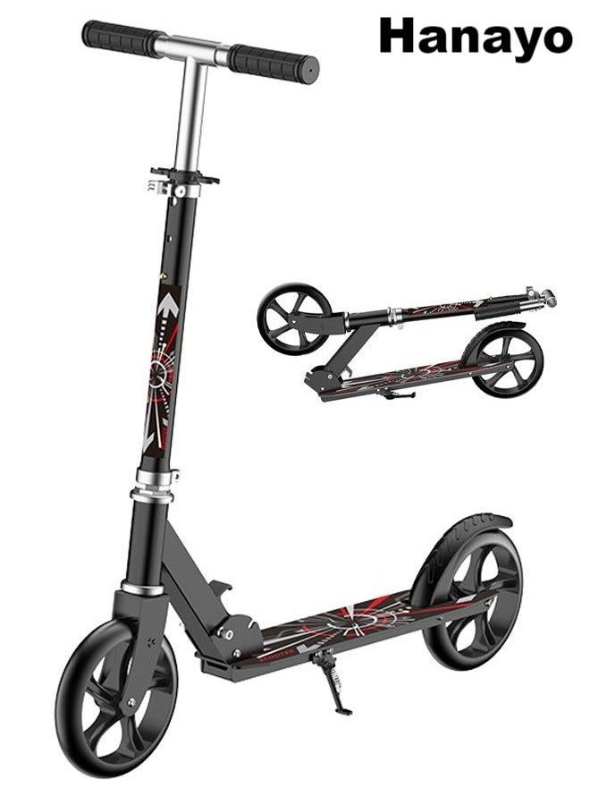 Hanayo Kick Scooter, Foldable Commuter Scooter with Anti-Shock Suspension, 3-Level Adjustable Height Handlebar Push Scooter with Large Wheels for Kids, Teen and Adults(Black) - Image 1