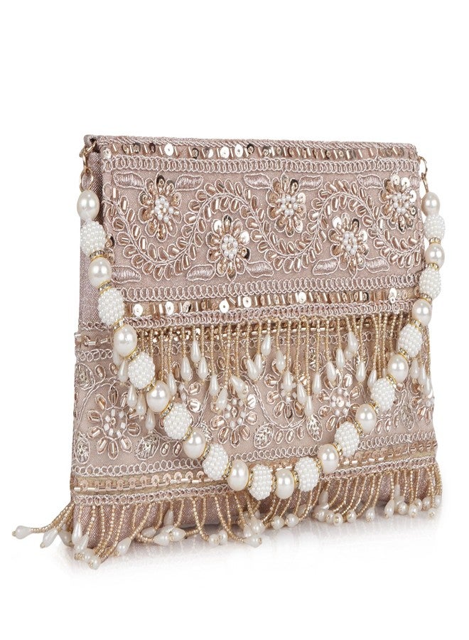 Nevis PU Silk Fabric Women’s Embellished bride Clutch with Pearl Handle | Fancy Designe & Wedding Potli Bag for Festive & Evening - Image 1