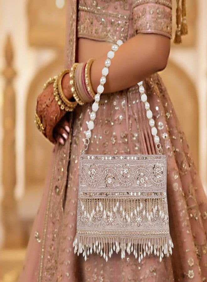 Nevis PU Silk Fabric Women’s Embellished bride Clutch with Pearl Handle | Fancy Designe & Wedding Potli Bag for Festive & Evening - Image 3