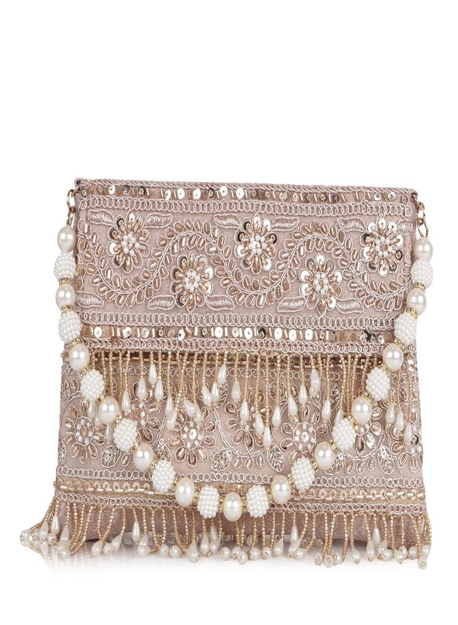 Nevis PU Silk Fabric Women’s Embellished bride Clutch with Pearl Handle | Fancy Designe & Wedding Potli Bag for Festive & Evening - Image 2