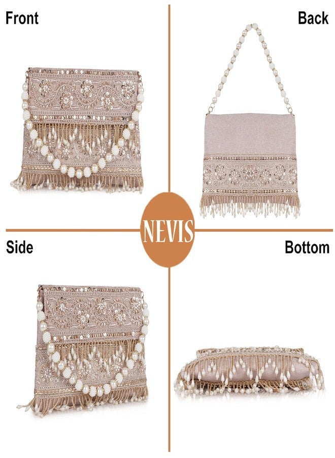Nevis PU Silk Fabric Women’s Embellished bride Clutch with Pearl Handle | Fancy Designe & Wedding Potli Bag for Festive & Evening - Image 4