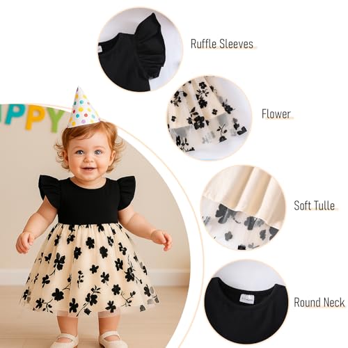TENTIDE Baby Girl Butterfly Dress Tutu Ruffle Sleeveless Dresses Photograph Party Outfits Birthday Gift(3-6 Months, Black Flower) - Image 4