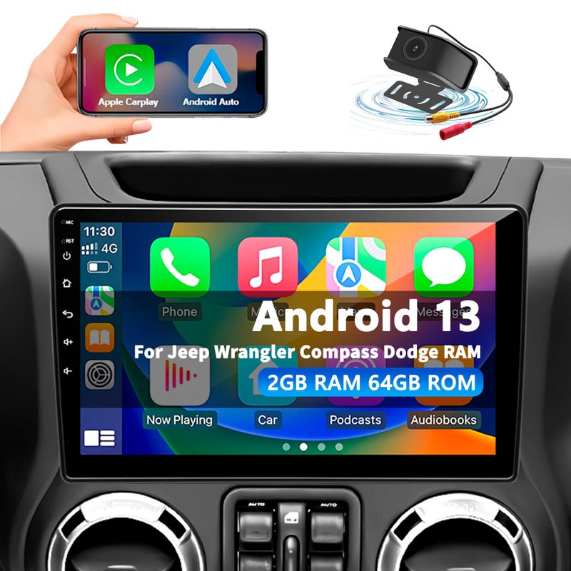 Generic Car Radio Stereo for Jeep Wrangler JK 2007-2018 Dodge Ram 1500 2500 3500 Grand Cherokee, Android 13 2G+64G with CarPlay Android Auto 10 inch Touchscreen Head Unit, GPS BT WiFi AM/FM, Rear View Camera  - Image 1