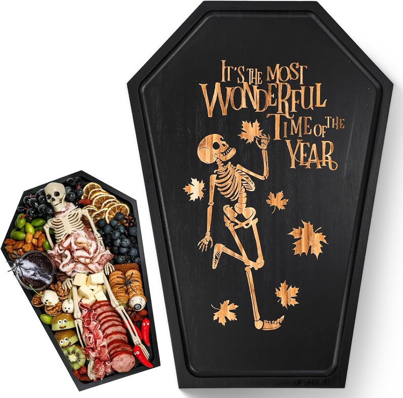 Webake Large Coffin Charcuterie Board - New Skeleton Design, 16.5" x 11.5" Spooky Serving Tray for Ample Food Display, Halloween Wooden Meat & Cheese Board, Perfect Spooky Gothic Decor - Image 1