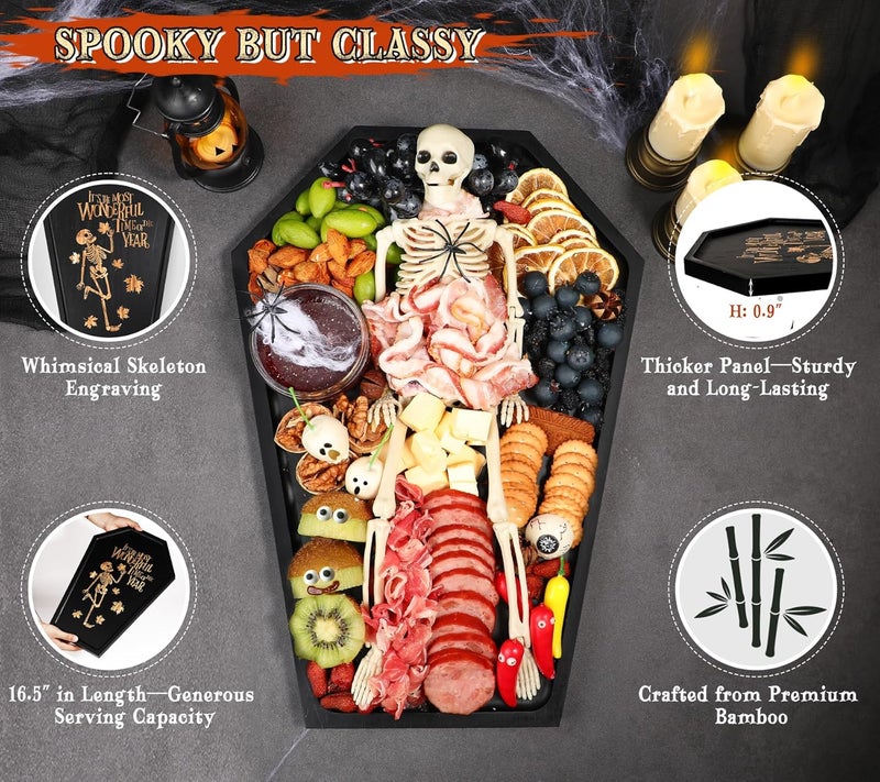 Webake Large Coffin Charcuterie Board - New Skeleton Design, 16.5" x 11.5" Spooky Serving Tray for Ample Food Display, Halloween Wooden Meat & Cheese Board, Perfect Spooky Gothic Decor - Image 4