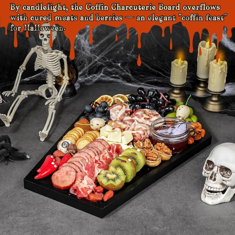 Webake Large Coffin Charcuterie Board - New Skeleton Design, 16.5" x 11.5" Spooky Serving Tray for Ample Food Display, Halloween Wooden Meat & Cheese Board, Perfect Spooky Gothic Decor - Image 5