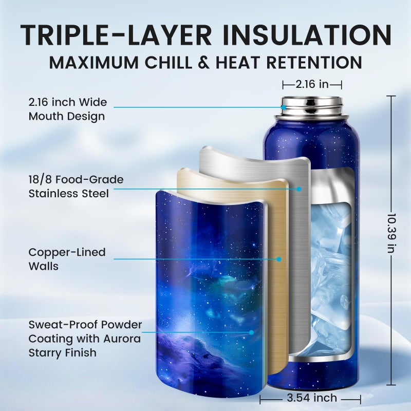 RAYMYLO 40oz Insulated Water Bottle, Triple Wall Vacuum Stainless Steel Water Bottles - Keeps Cold 48H, Reusable Metal water flask Jug for Gym, Sports, Camping, Hiking,Travel, Aurora-Purple - Image 4
