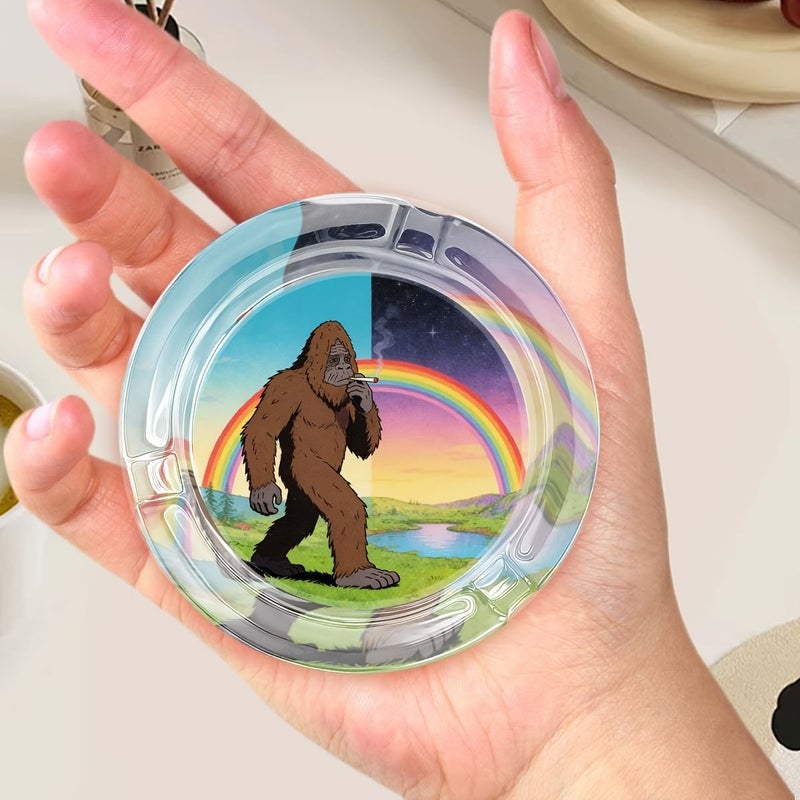 1pc Bigfoot Rainbow Theme Circular Glass Ashtray 3.34 By 2.95 Inch Decorative Cigarette Cigar Tray Clear Non Electrical Smoking Accessory Ideal Holiday Gift Perfect Home Decor Item - Image 1