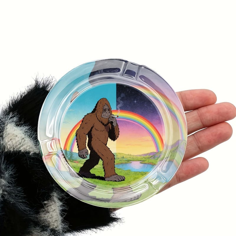 1pc Bigfoot Rainbow Theme Circular Glass Ashtray 3.34 By 2.95 Inch Decorative Cigarette Cigar Tray Clear Non Electrical Smoking Accessory Ideal Holiday Gift Perfect Home Decor Item - Image 2