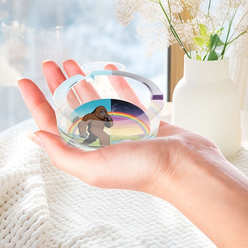 1pc Bigfoot Rainbow Theme Circular Glass Ashtray 3.34 By 2.95 Inch Decorative Cigarette Cigar Tray Clear Non Electrical Smoking Accessory Ideal Holiday Gift Perfect Home Decor Item - Image 4