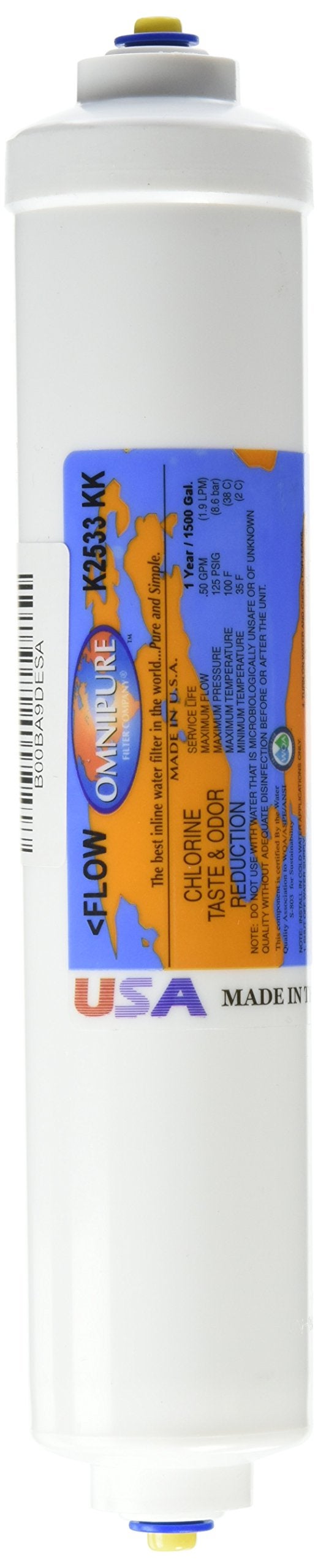 Omnipure K2533 KK 2 by 10 inch granular activated carbon water filter with 3/8"" female quick connect fittings for refrigerators  under sink and home system use. - Image 1