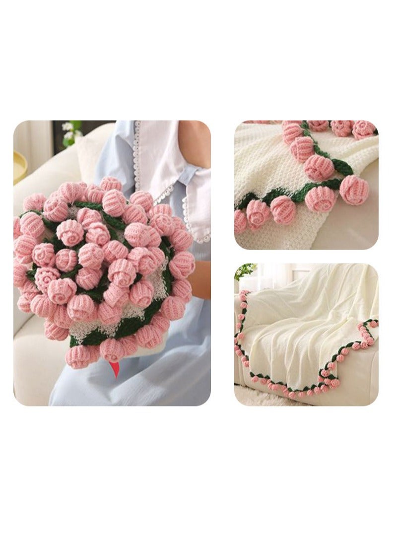 110cm/43.3in Crochet Flower Bouquet Blanket, Finished Rose Bouquet Blanket, Decoration Blanket for Home or Car , Handmade Knitted Throw Floral Blankets for Birthday Mother's Day Valentine’s Day Gift, Pink - Image 1
