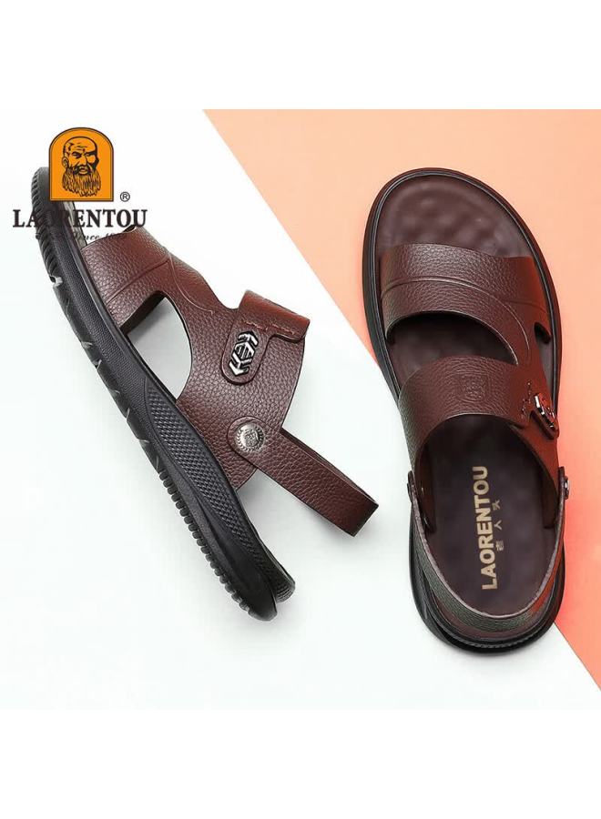 Laorentou Men's Shoes Breathable Cool Soft Cowhide Beach Sandals Versatile Casual Dual-use Slippers A90123 Brown 44