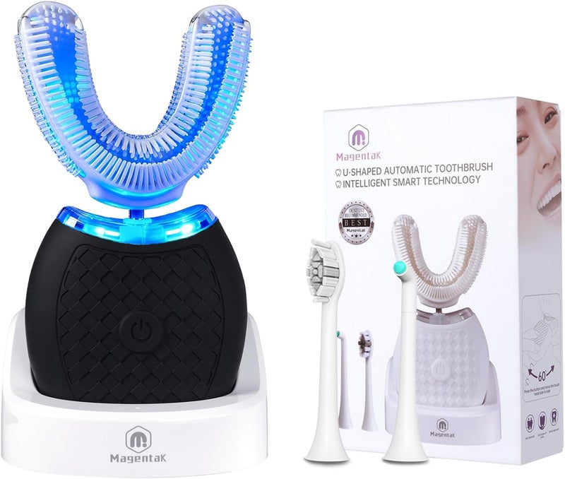 فرشاة أسنان كهربائية على شكل حرف U بالموجات فوق الصوتية لتبييض الأسنان، فرشاة أسنان كهربائية للبالغين تنظيف 360 درجة، 3 رؤوس فرشاة، شحن لاسلكي ومجموعة مقاومة للماء IPX7 للسفر أو المنزل (أسود) - Image 1