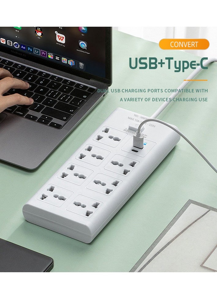 ARNOTEC 10-in-1 UK Plug Power Strip Extension Lead – 8 AC Outlets + 2 USB-A + 1 Type-C Port | 2M Cable | Fireproof Housing | Master Switch | Child Safety | for Home, Office & Kitchen  - Image 3