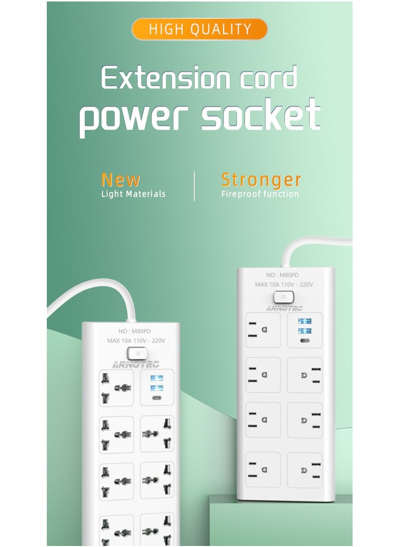 ARNOTEC 10-in-1 UK Plug Power Strip Extension Lead – 8 AC Outlets + 2 USB-A + 1 Type-C Port | 2M Cable | Fireproof Housing | Master Switch | Child Safety | for Home, Office & Kitchen  - Image 5