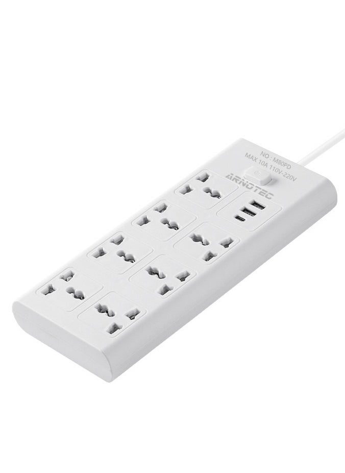 ARNOTEC 10-in-1 UK Plug Power Strip Extension Lead – 8 AC Outlets + 2 USB-A + 1 Type-C Port | 2M Cable | Fireproof Housing | Master Switch | Child Safety | for Home, Office & Kitchen  - Image 2