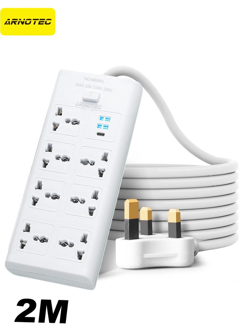 ARNOTEC 10-in-1 UK Plug Power Strip Extension Lead – 8 AC Outlets + 2 USB-A + 1 Type-C Port | 2M Cable | Fireproof Housing | Master Switch | Child Safety | for Home, Office & Kitchen  - Image 1