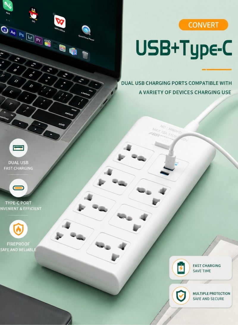 ARNOTEC موزع طاقة بمدخل بريطاني - 7 مآخذ AC + 2 USB-A + 1 منفذ Type-C | كابل بطول 2 متر | هيكل مقاوم للحريق | مفتاح رئيسي | أمان للأطفال | للاستخدام في المنزل والمكتب والمطبخ - Image 3