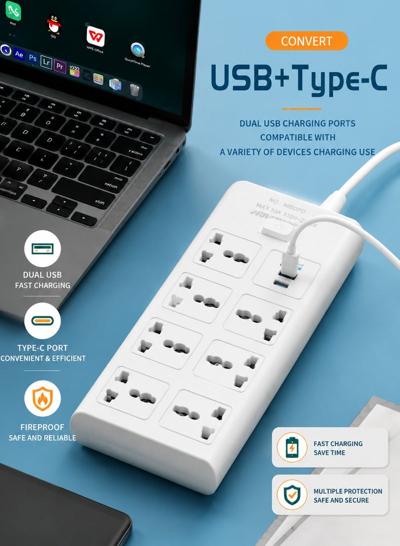ARNOTEC موزع طاقة بمدخل بريطاني - 7 مآخذ AC + 2 USB-A + 1 منفذ Type-C | كابل بطول 2 متر | هيكل مقاوم للحريق | مفتاح رئيسي | أمان للأطفال | للاستخدام في المنزل والمكتب والمطبخ - Image 3