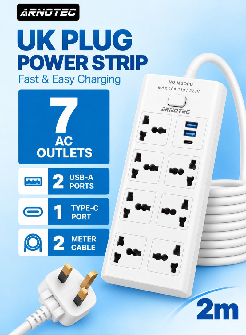 ARNOTEC موزع طاقة بمدخل بريطاني - 7 مآخذ AC + 2 USB-A + 1 منفذ Type-C | كابل بطول 2 متر | هيكل مقاوم للحريق | مفتاح رئيسي | أمان للأطفال | للاستخدام في المنزل والمكتب والمطبخ - Image 1