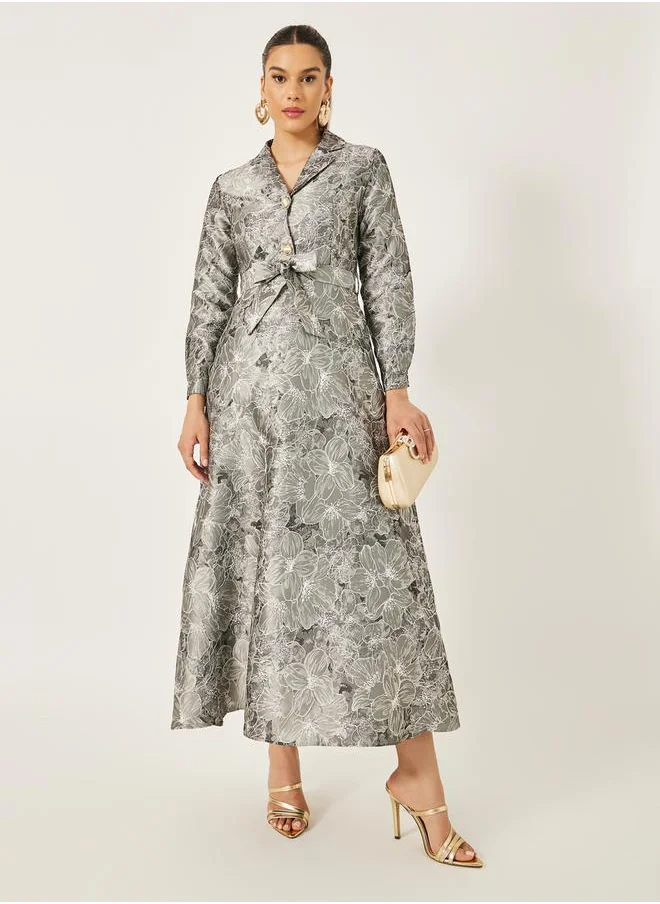 Styli Jacquard Collared Long Sleeves A-Line Maxi Dress