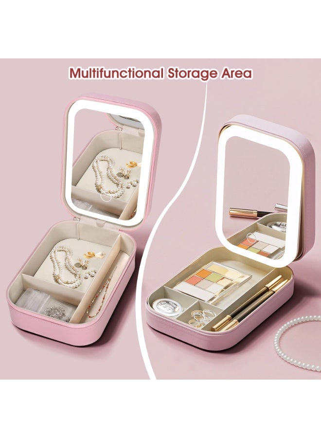 Bukela 3-Color LED Travel Jewelry Case and Makeup Bag with Mirror, Dust-Proof Jewelry Box, 10 Sealed Jewelry Bags - Compact Cosmetic Mirror Case for Women Girls Travel Essentials (Pink) - Image 3