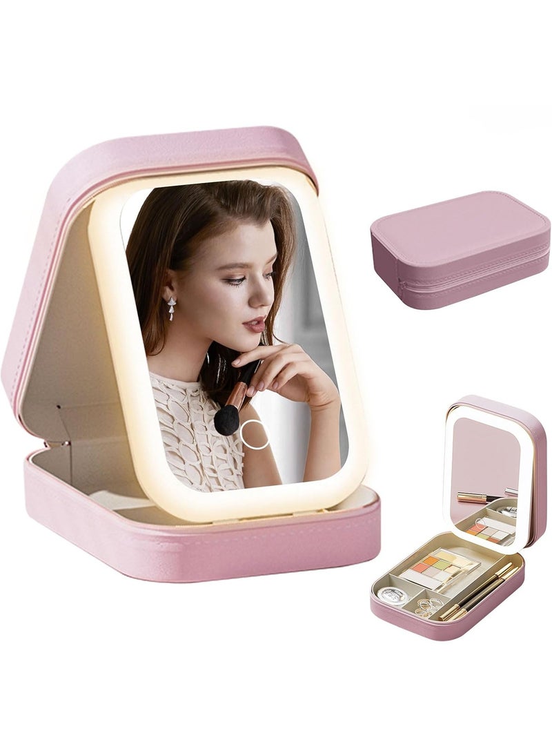 Bukela 3-Color LED Travel Jewelry Case and Makeup Bag with Mirror, Dust-Proof Jewelry Box, 10 Sealed Jewelry Bags - Compact Cosmetic Mirror Case for Women Girls Travel Essentials (Pink) - Image 1