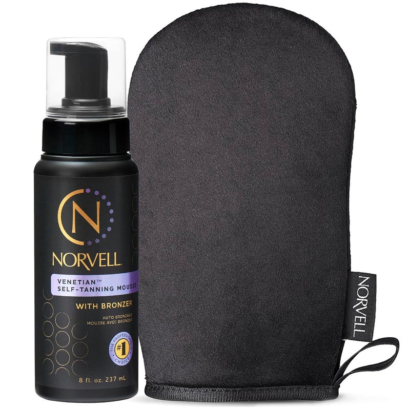 Norvell Sunless Self Tanning Bundle  Venetian Self Tanner Mousse with Bronzer 8 Fl Oz  StreakFree Tan Applicator Mitt  Premium Natural Looking Self Tanning Foam and Washable Self Tan Mitt