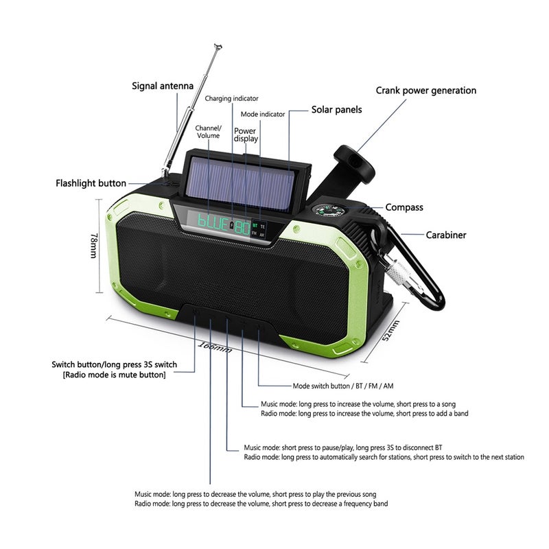 Portable Hand Crank Radio Multifunction IPX6 Waterproof Outdoor Emergency FM Radio BT Speaker with LED Light - Image 5